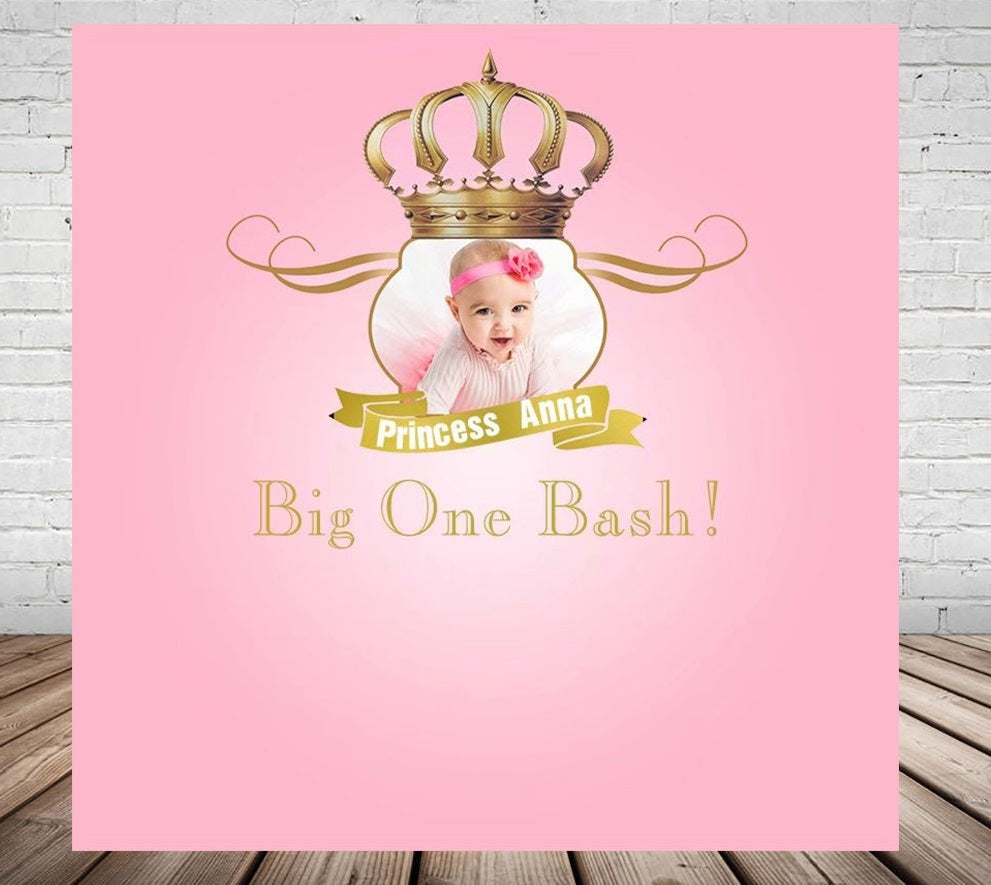 PRINCESS FIRST 1ST GIRL PINK BIRTHDAY CROWN PERSONALISED PARTY BANNER BACKDROP