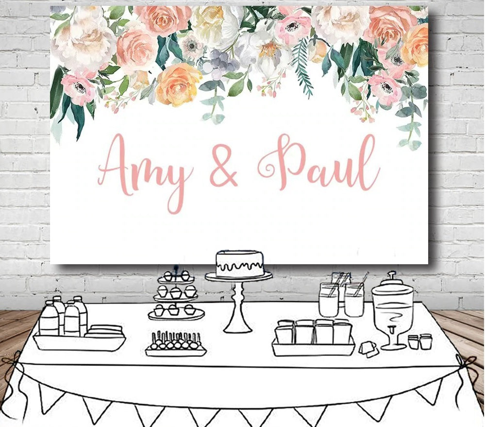 WEDDING BRIDAL SHOWER HENS FLOWERS PEACH GREEN PARTY BANNER BACKDROP DECORATION