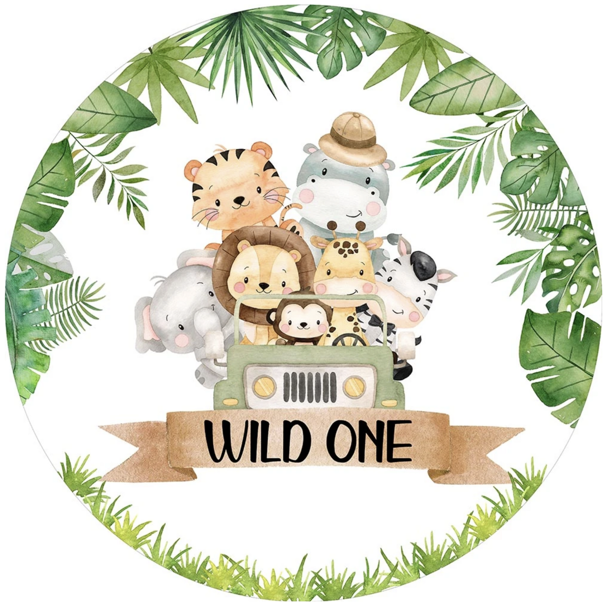 1ST BIRTHDAY WILD ONE SAFARI TIGER LION ELEPHANT PARTY SUPPLIES ROUND BIRTHDAY PERSONALISED BANNER BACKDROP DECORATION