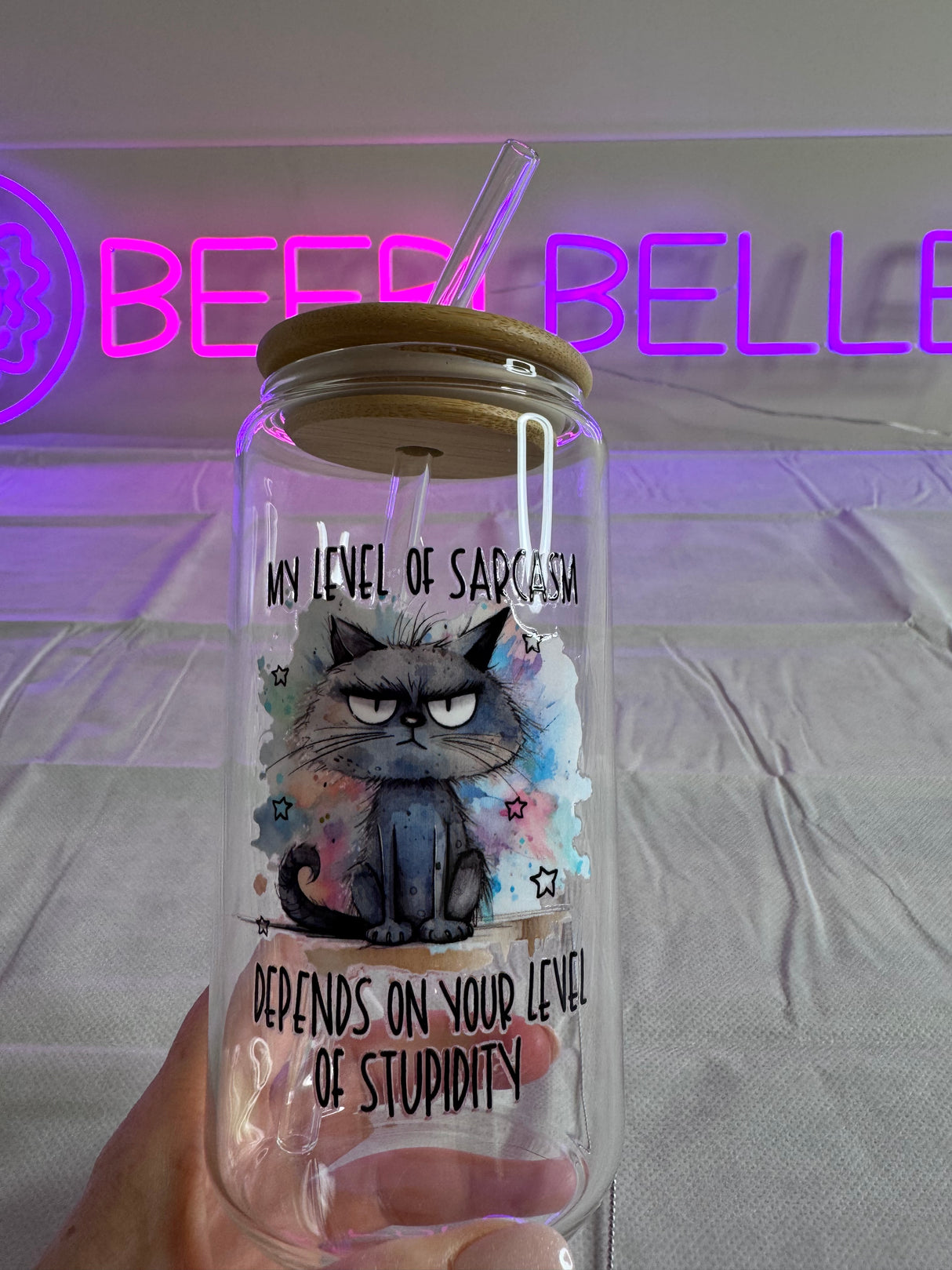 CAT SARCASM AND STUPIDITY GLASS JAR TUMBLER CUP WITH LID, STRAW AND BRUSH