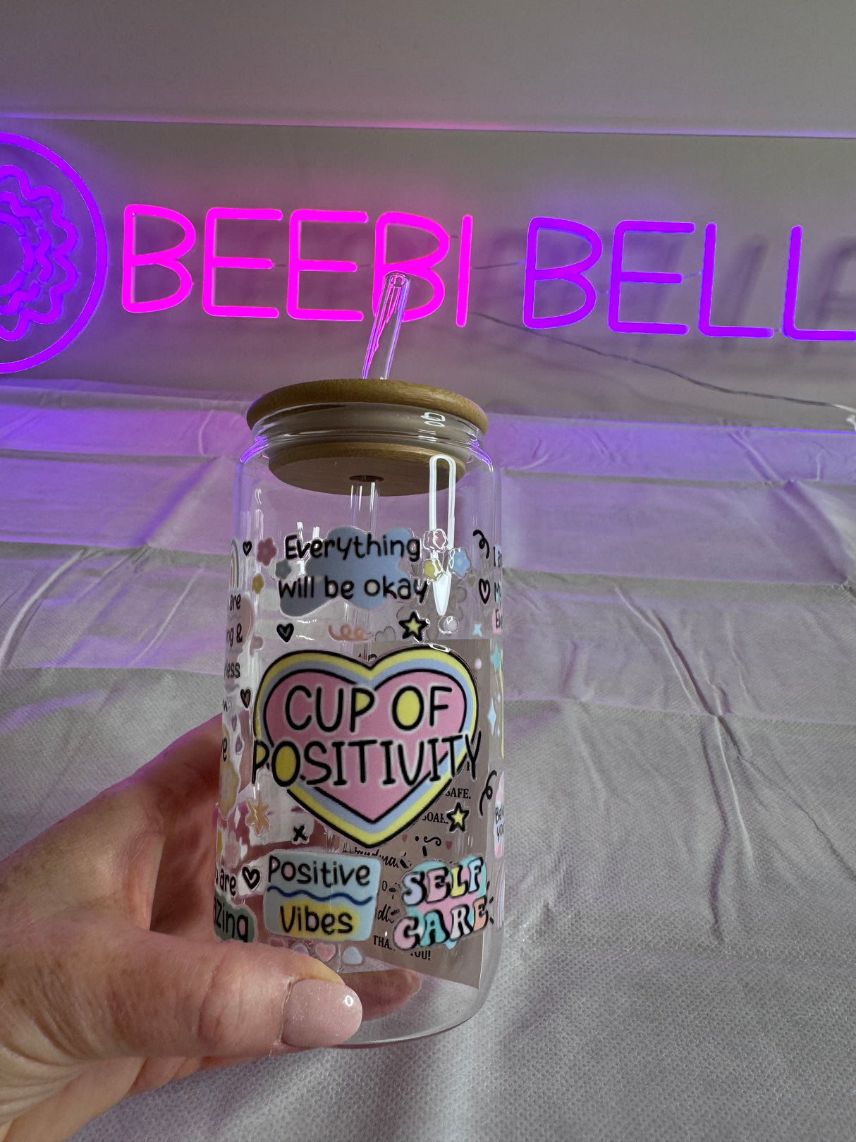 CUP OF POSITIVITY REMINDERS GLASS JAR TUMBLER CUP WITH LID, STRAW AND BRUSH