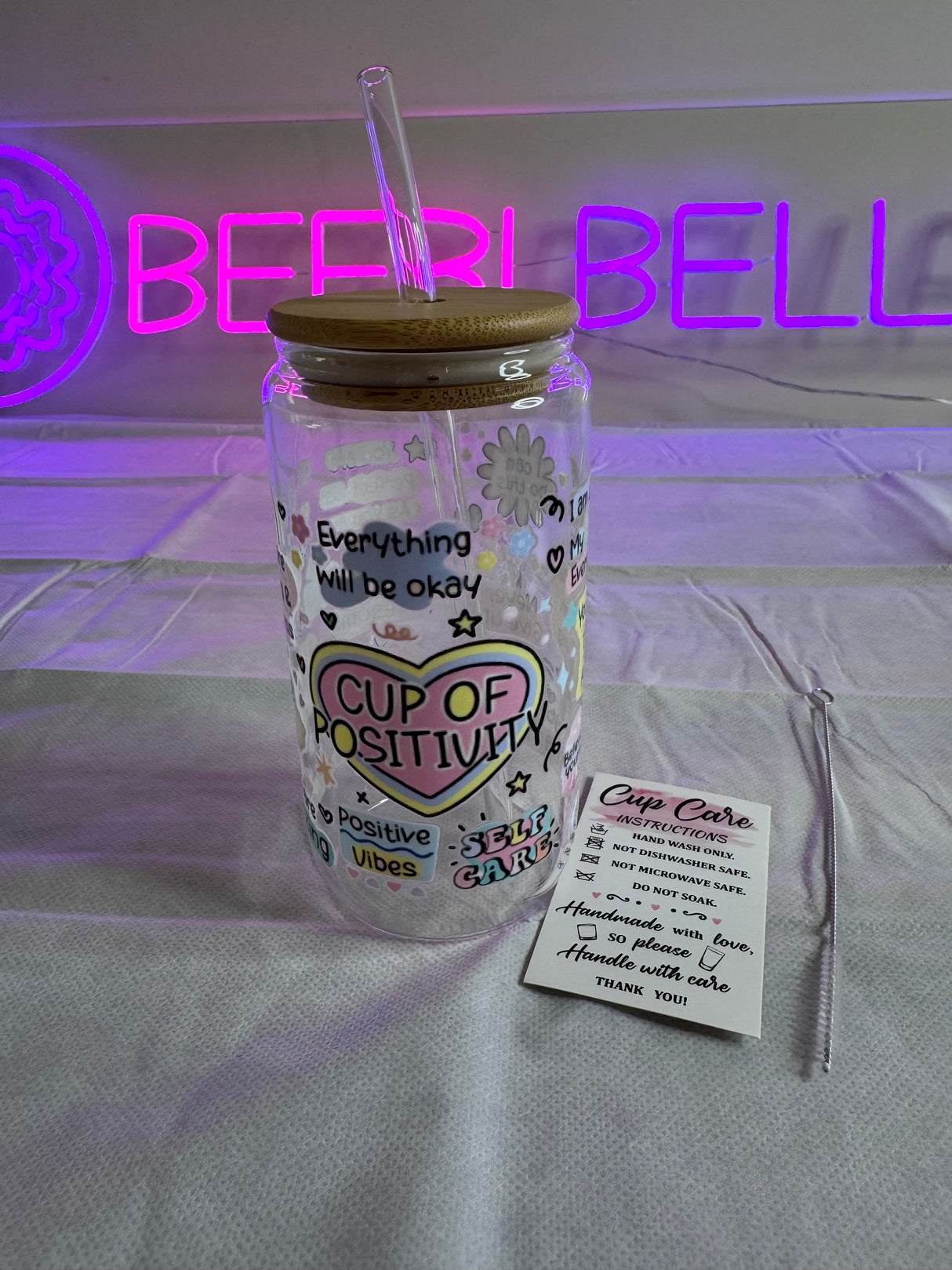 CUP OF POSITIVITY REMINDERS GLASS JAR TUMBLER CUP WITH LID, STRAW AND BRUSH