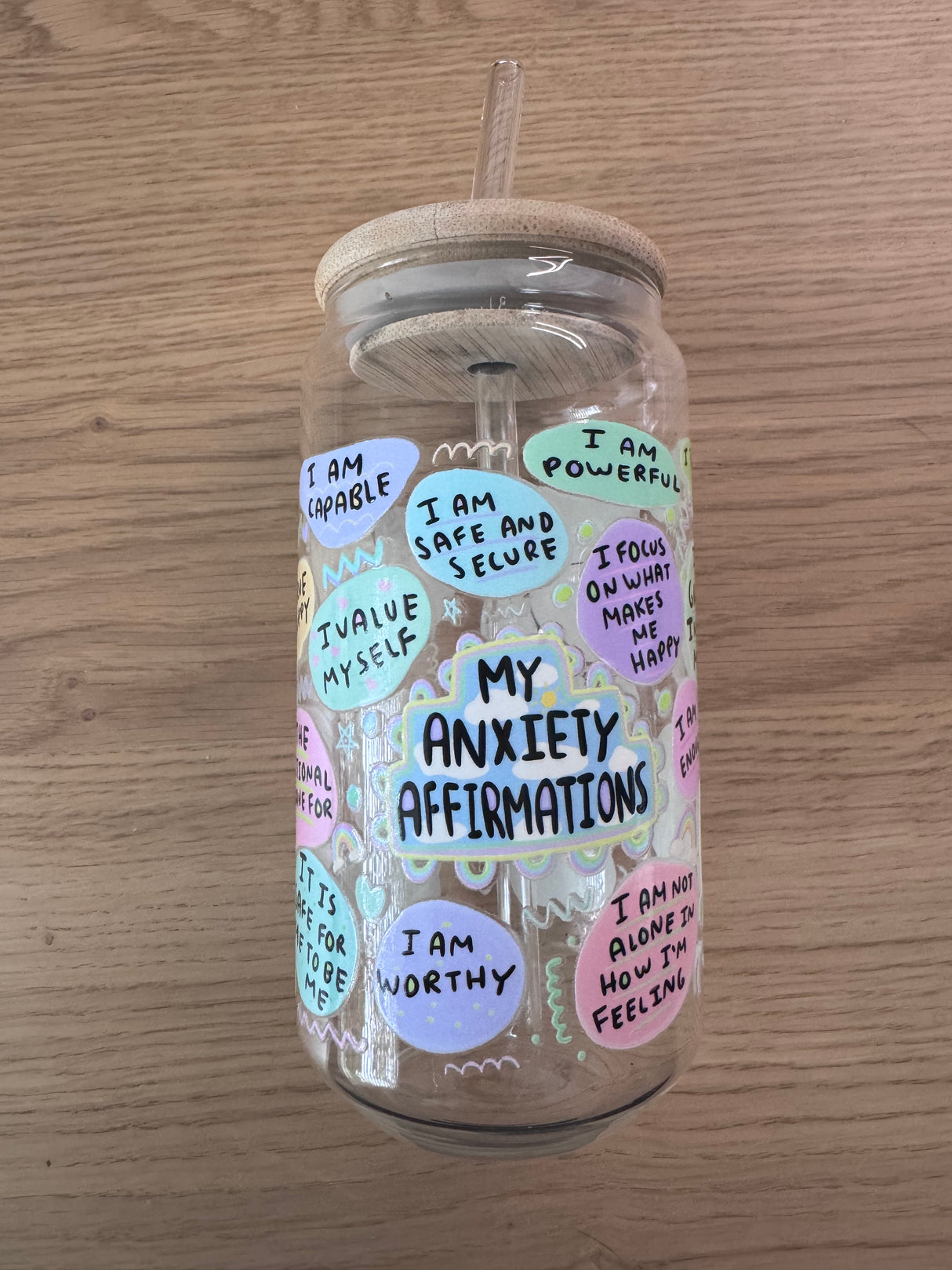 MY ANXIETY AFFIRMATIONS GLASS JAR TUMBLER CUP WITH LID, STRAW AND BRUSH