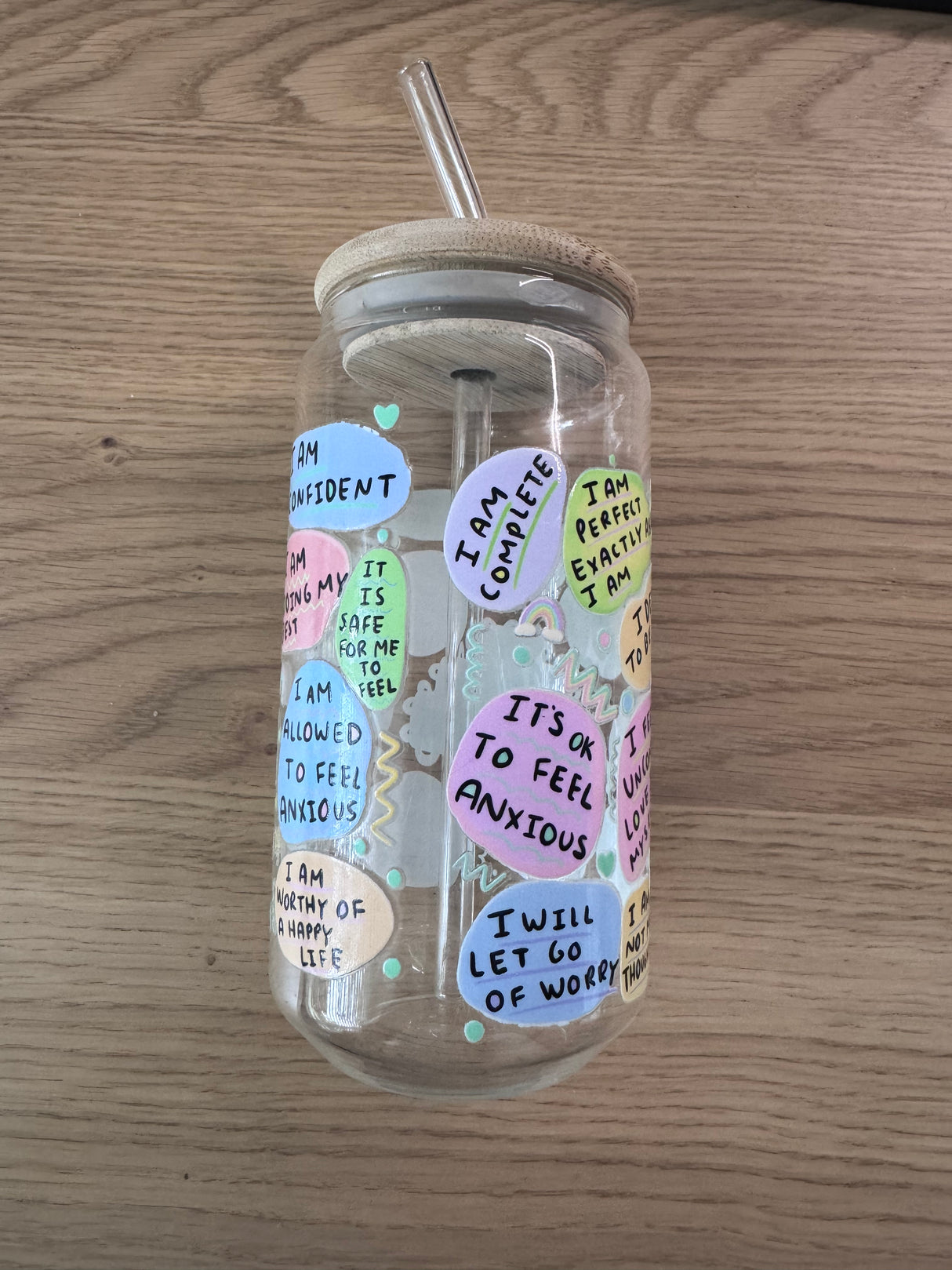 MY ANXIETY AFFIRMATIONS GLASS JAR TUMBLER CUP WITH LID, STRAW AND BRUSH