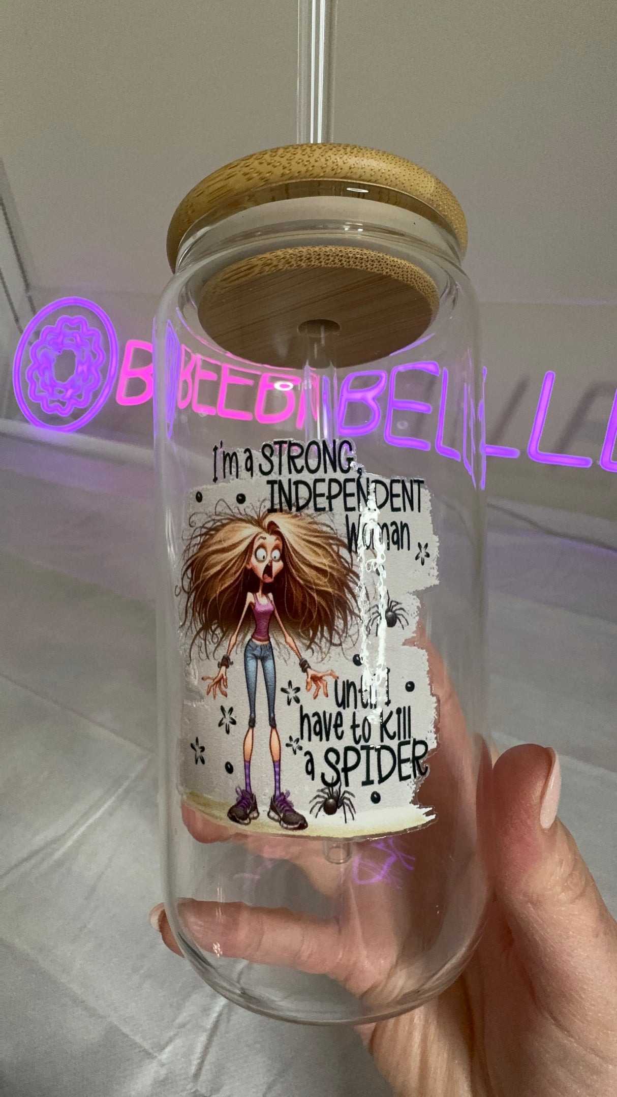 INDEPENDENT WOMAN SPIDER GLASS JAR TUMBLER CUP WITH LID, STRAW AND BRUSH