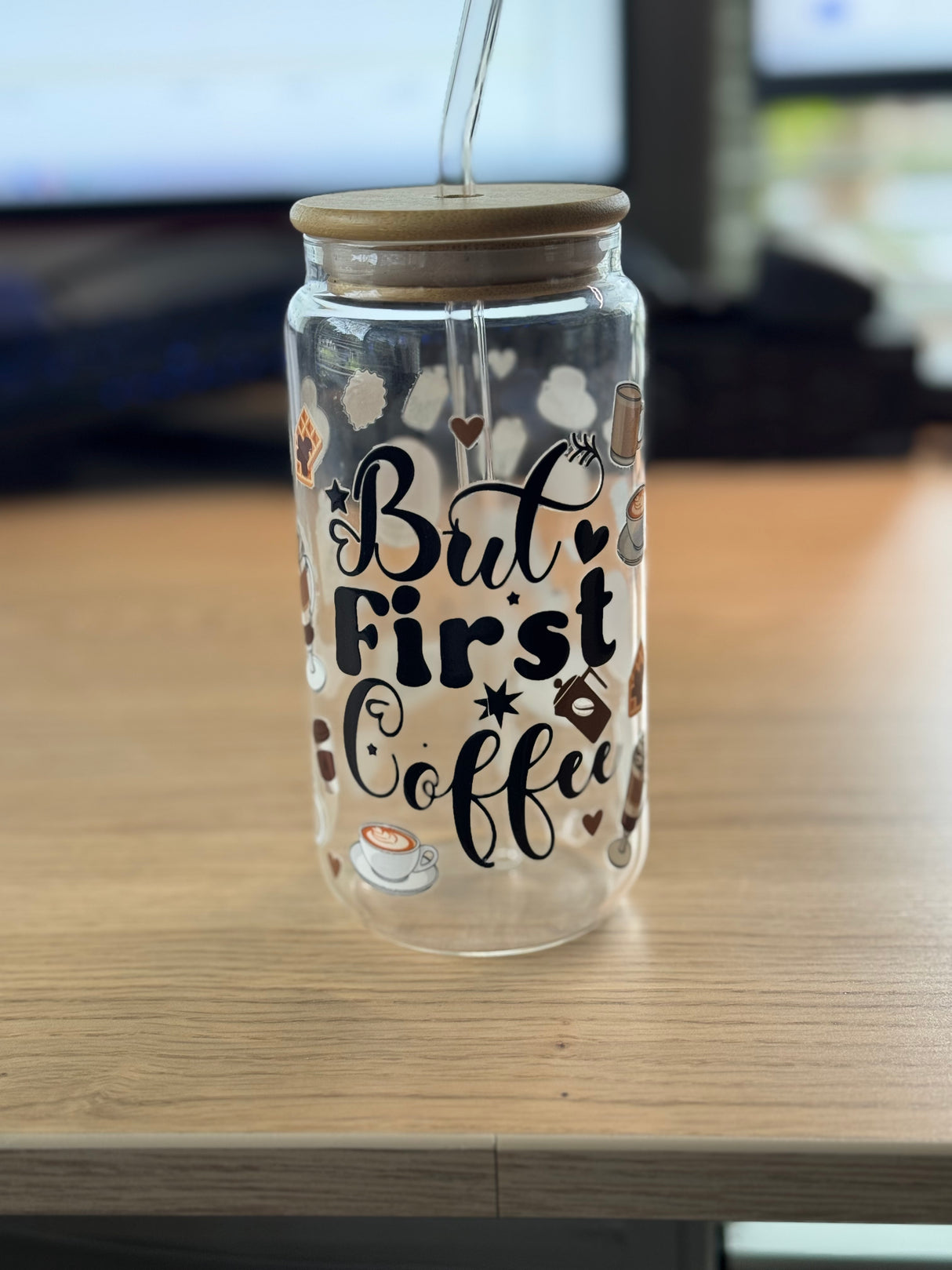 FIRST IT'S COFFEE GLASS JAR TUMBLER CUP WITH LID, STRAW AND BRUSH