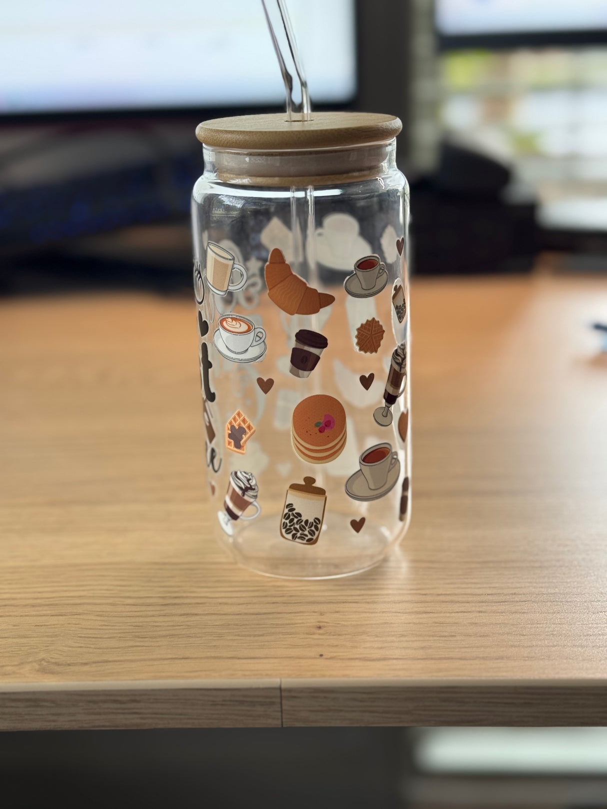 FIRST IT'S COFFEE GLASS JAR TUMBLER CUP WITH LID, STRAW AND BRUSH