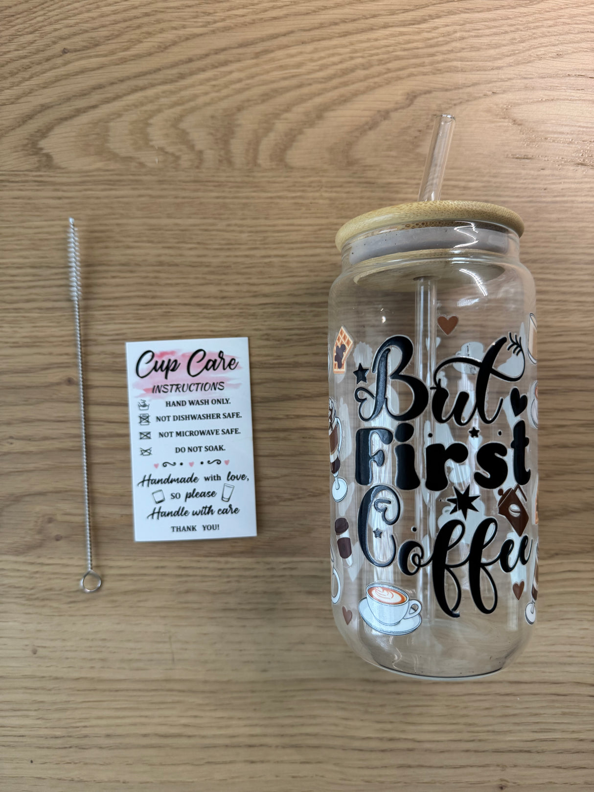 FIRST IT'S COFFEE GLASS JAR TUMBLER CUP WITH LID, STRAW AND BRUSH