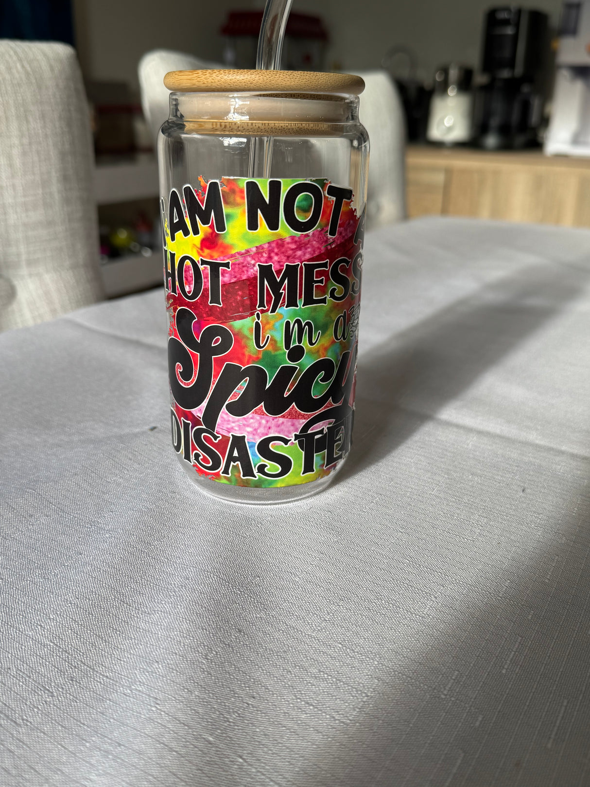 I'M A SPICY DISASTER GLASS JAR TUMBLER CUP WITH LID, STRAW AND BRUSH