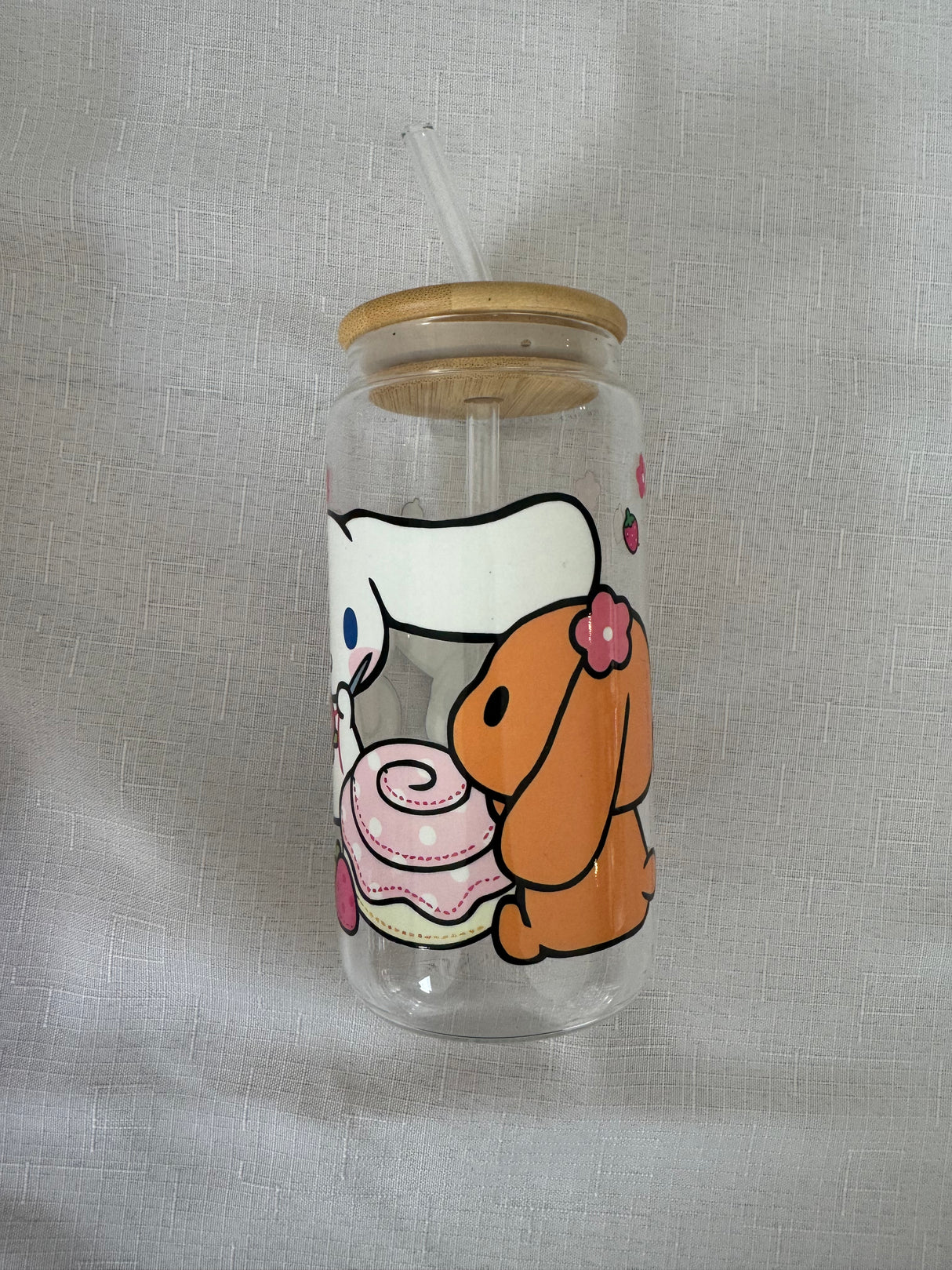 CINNAMOROLL MOCHA GLASS JAR TUMBLER CUP WITH LID, STRAW AND BRUSH