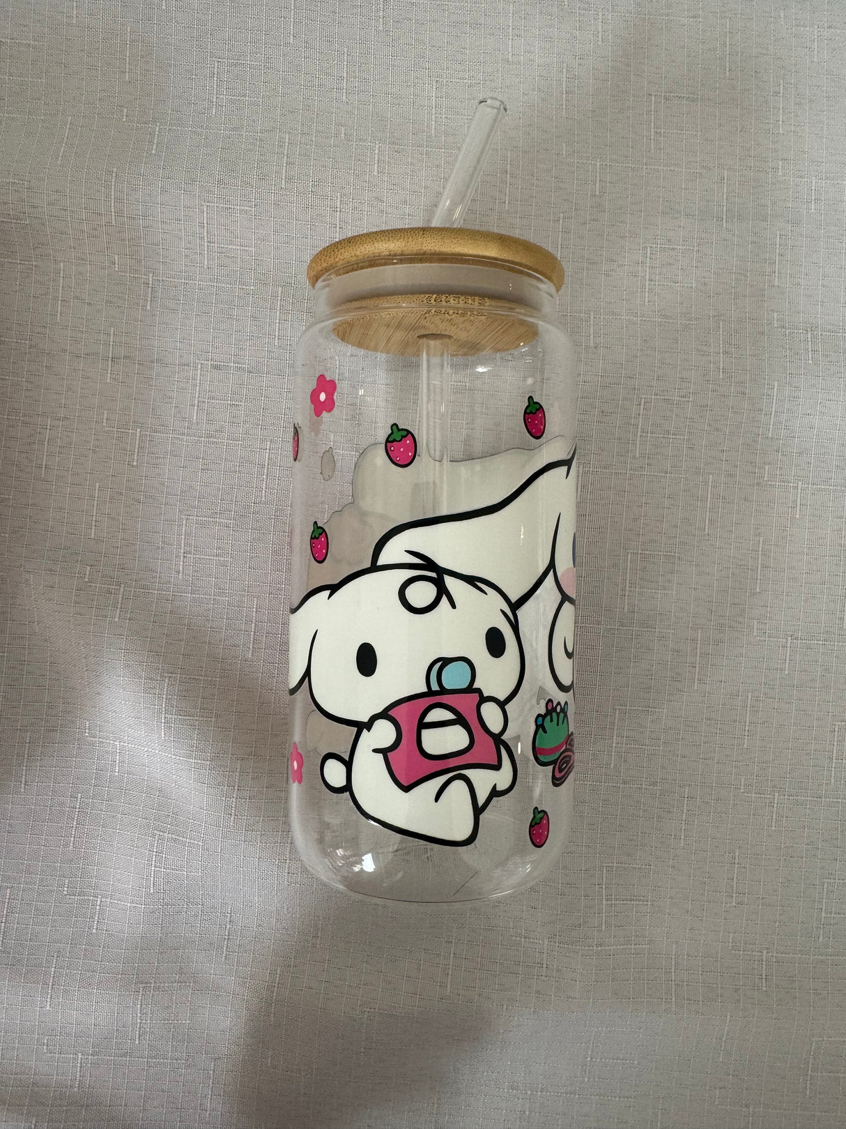 CINNAMOROLL MOCHA GLASS JAR TUMBLER CUP WITH LID, STRAW AND BRUSH