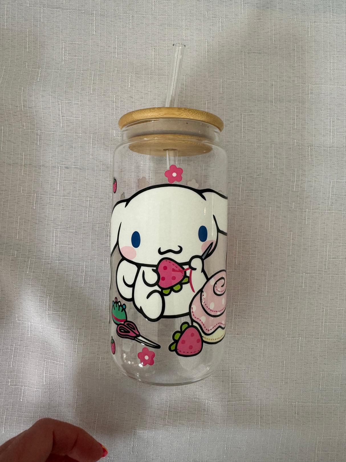 CINNAMOROLL MOCHA GLASS JAR TUMBLER CUP WITH LID, STRAW AND BRUSH