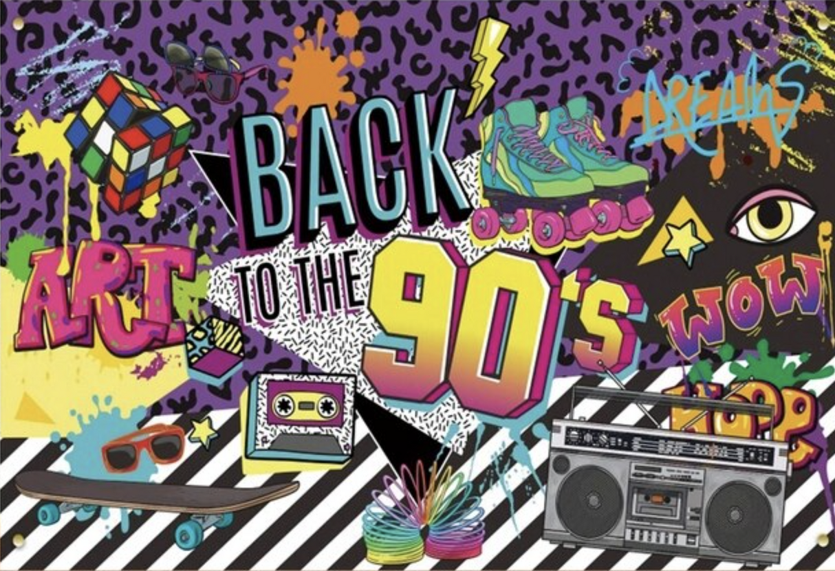 DISCO BACK TO THE 90S CASSET SLINKY RUBIX CUBE BIRTHDAY PARTY BANNER DECORATION