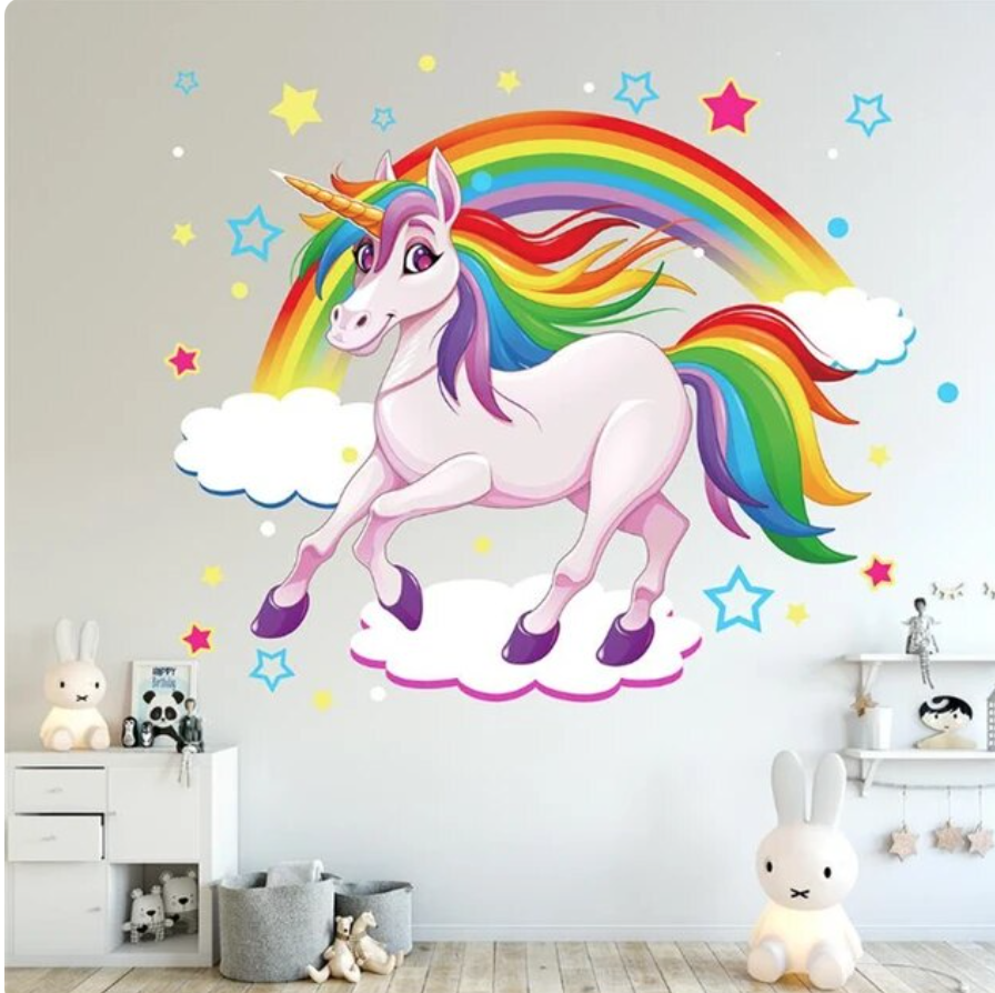 RUNNING UNICORN RAINBOW STARS BLUE PINK PURPLE 3D WALL STICKER MURAL ART Decal