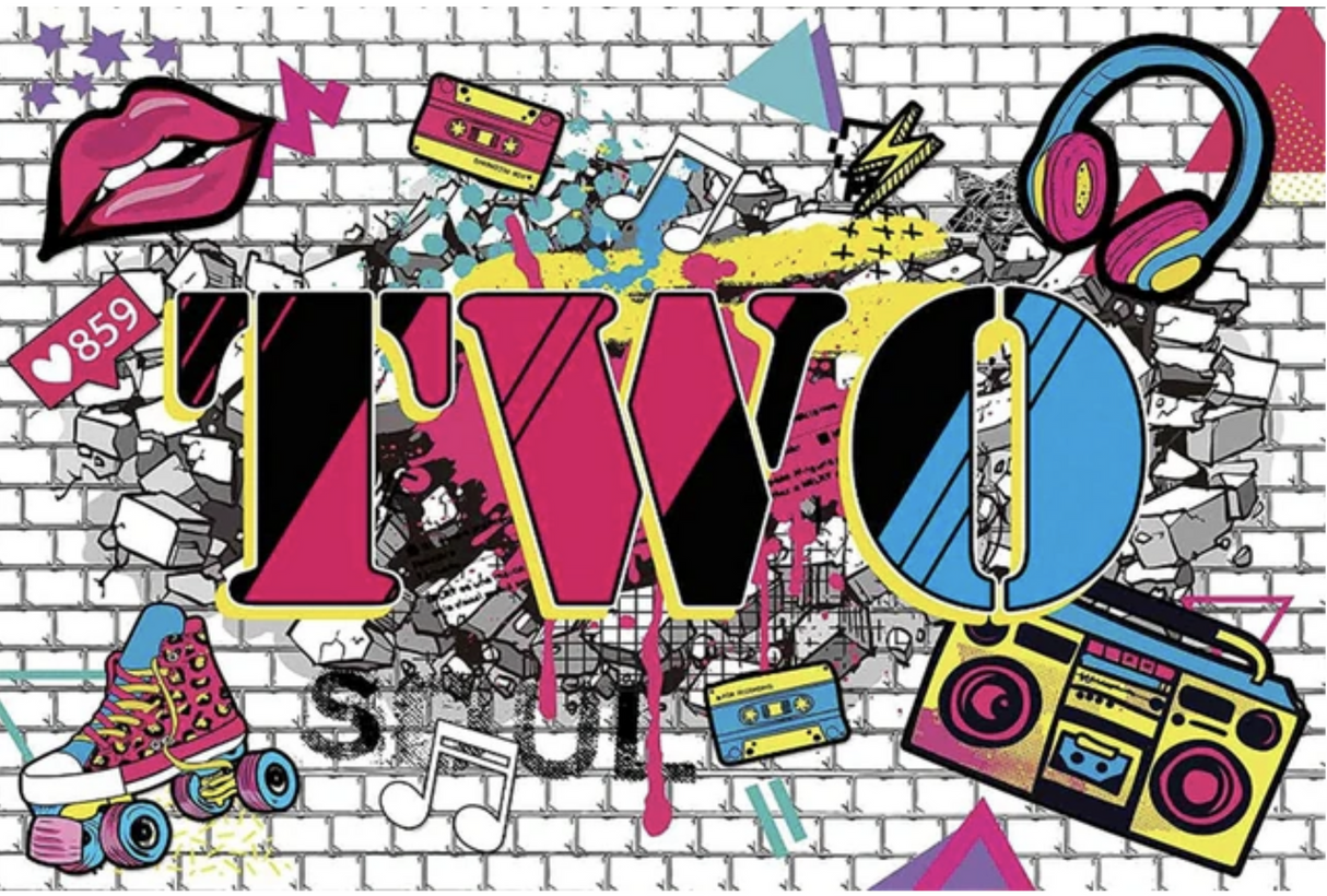 GRAFFITI RETRO ANY AGE BOOMBOX RADIO ROLLER SKATES BIRTHDAY PARTY BANNER BACKDROP