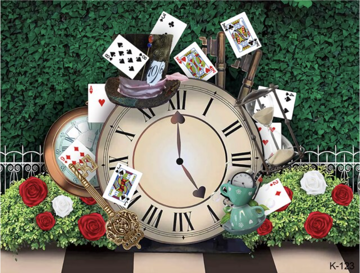 ALICE IN WONDERLAND CLOCK TEACUPS KEY PERSONALISED BIRTHDAY PARTY SUPPLIES BANNER BACKDROP DECORATION