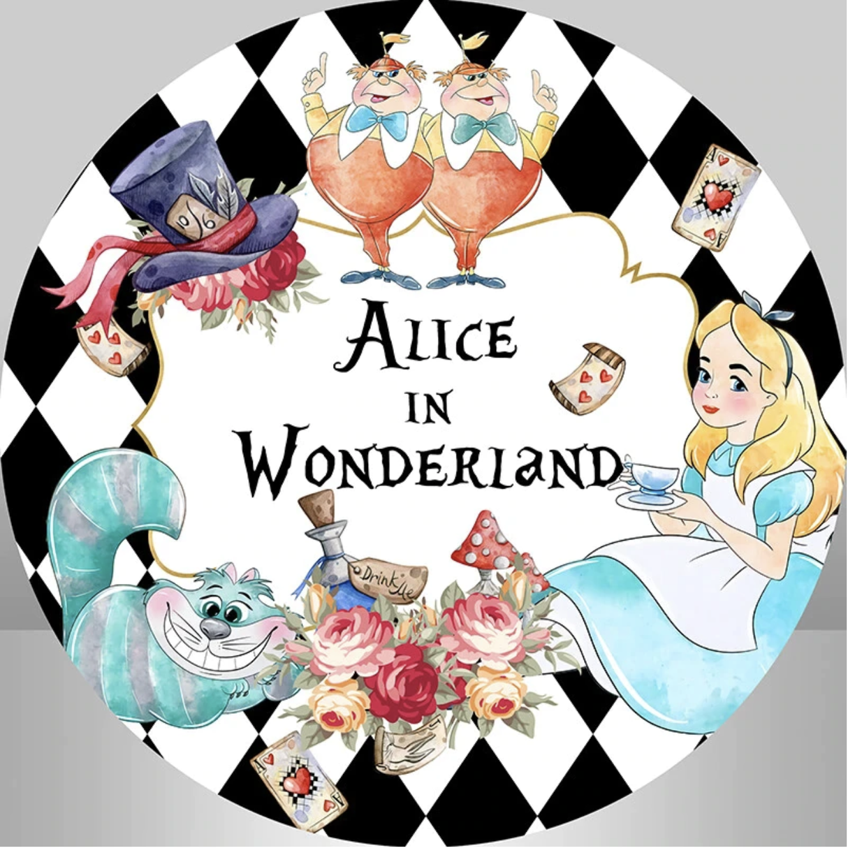 ALICE IN WONDERLAND CHESHIRE CAT TEA PARTY ROUND BIRTHDAY BANNER BACKDROP