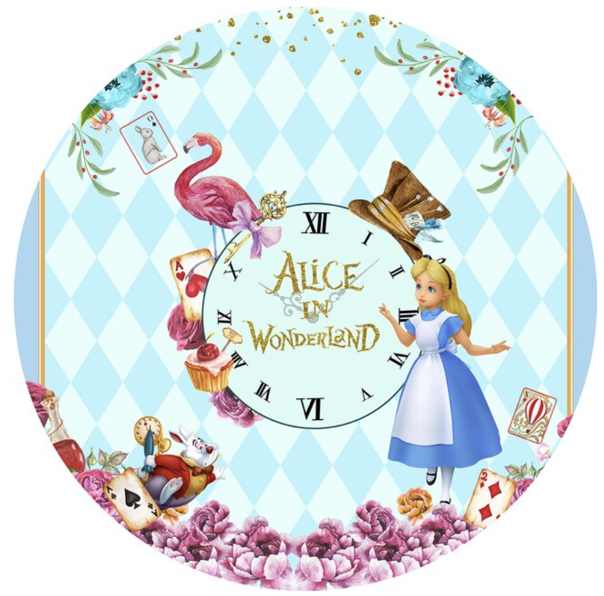 ALICE IN WONDERLAND CLOCK DIAMONDS TEA PARTY ROUND BIRTHDAY BANNER BACKDROP