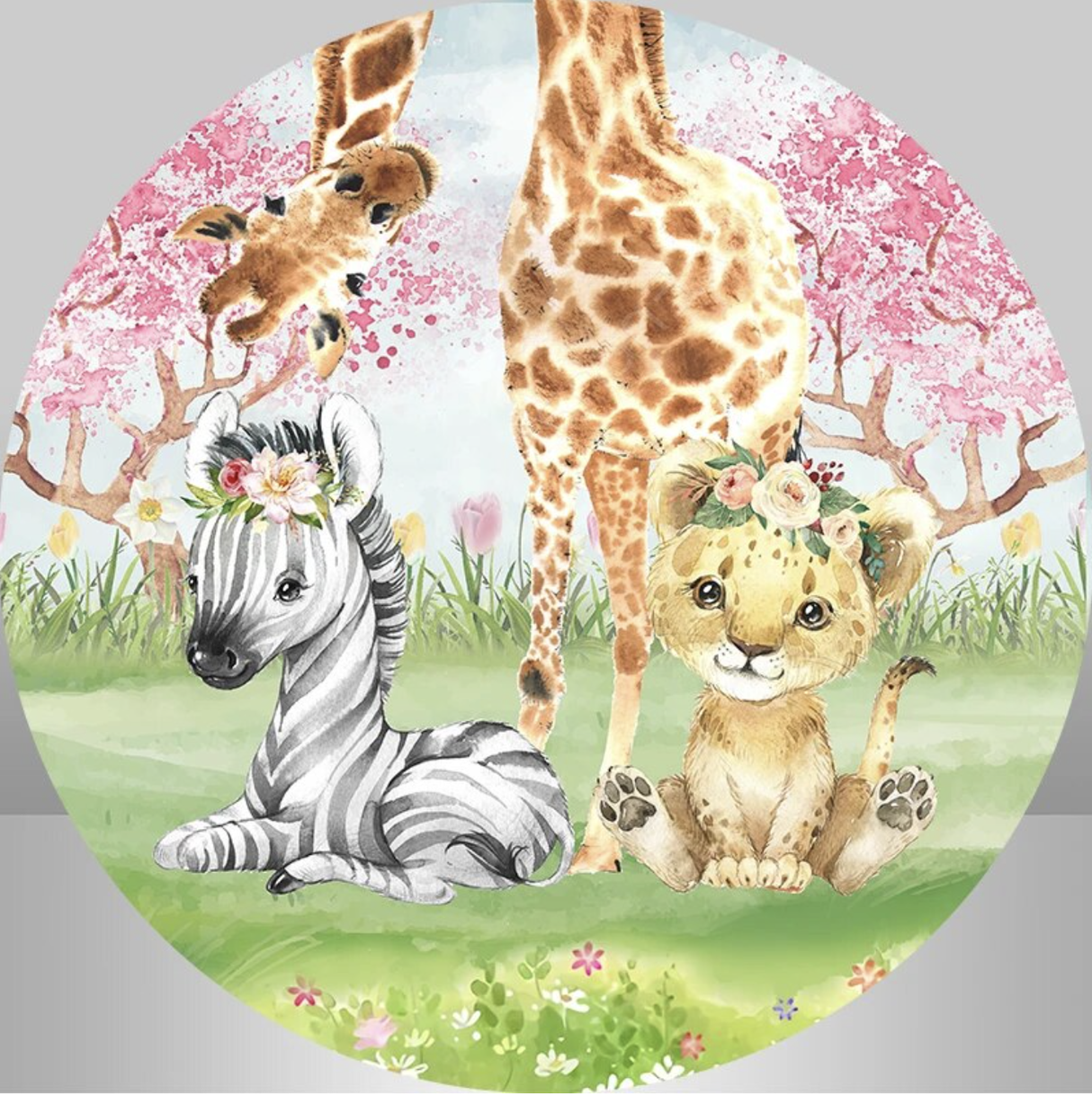 ANIMALS CHERRY BLOSSOM FOREST GIRAFFE LION ZEBRA PARTY ROUND BIRTHDAY BANNER