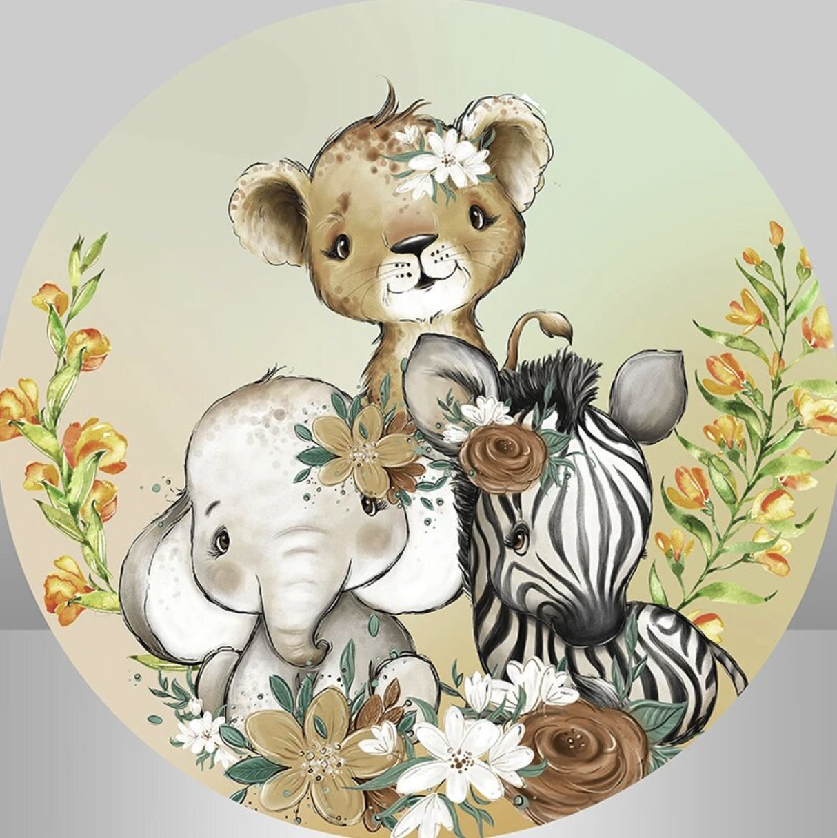 ANIMALS FLOWERS ZEBRA ELEPHANT LIONESS PARTY ROUND BIRTHDAY BANNER BACKDROP