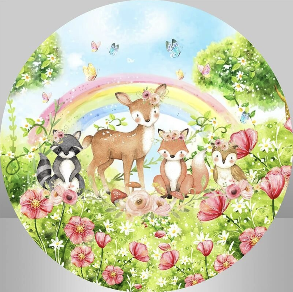 FAIRY FOREST ANIMALS FLOWERS RACOON DEAR RAINBOW PARTY ROUND BIRTHDAY BANNER