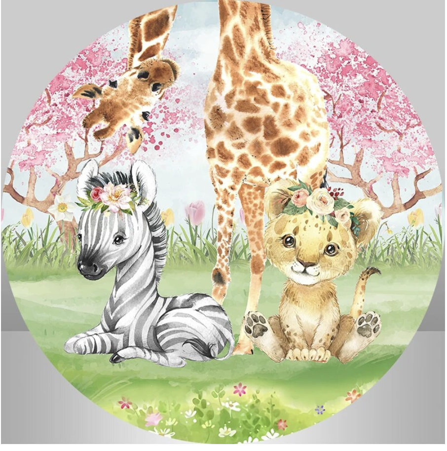 ANIMALS FLOWERS FOREST JUNGLE GIRAFE ZEBRA PARTY ROUND BIRTHDAY BANNER BACKDROP