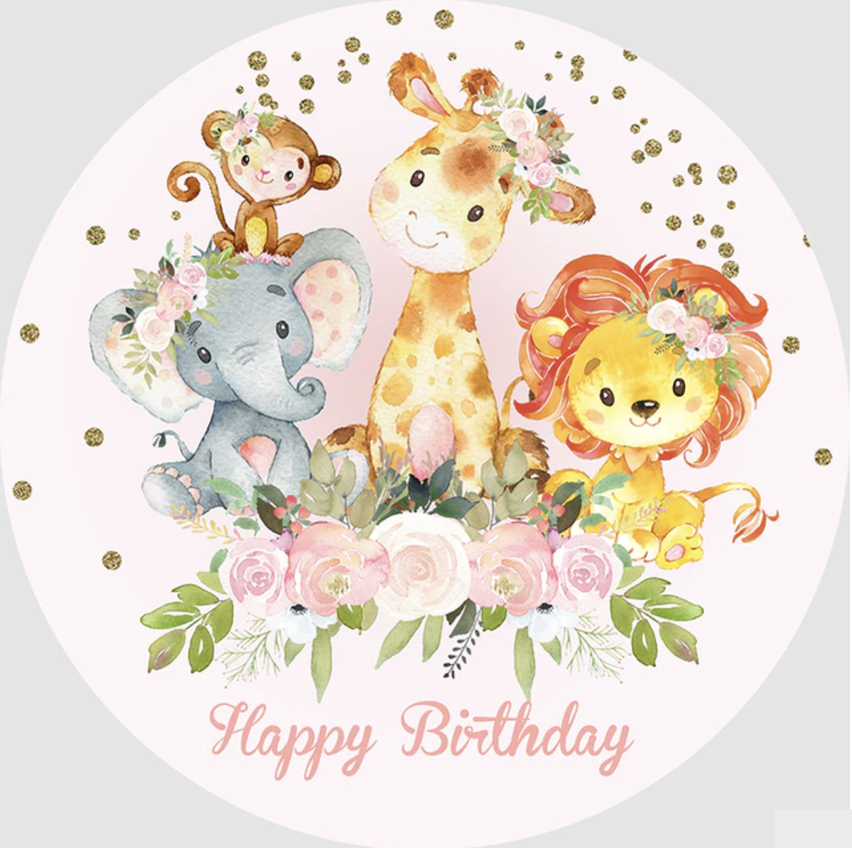 PINK ANIMALS GLITTER ROSES LION MONKEY PARTY ROUND BIRTHDAY PERSONALISED BANNER