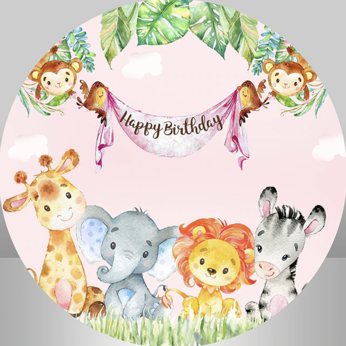 ANIMALS PINK MONKEY LION ZEBRA GIRAFFE PARTY ROUND BIRTHDAY BANNER BACKDROP