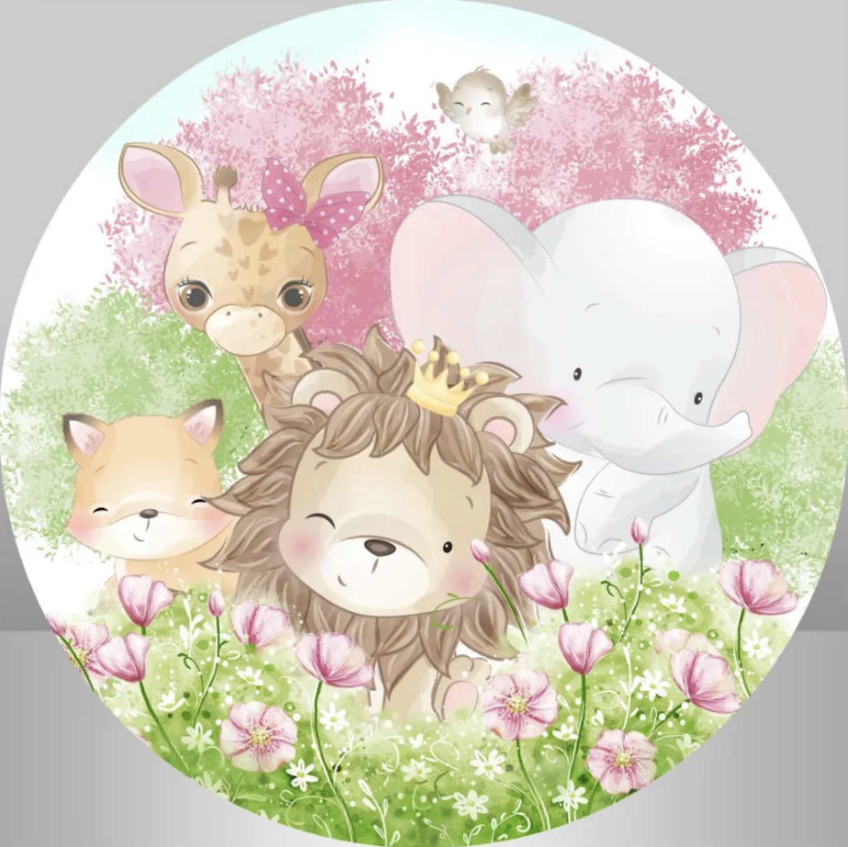 ANIMALS FLOWERS PINK ELEPHANT LION GARDEN PARTY ROUND BIRTHDAY BANNER BACKDROP