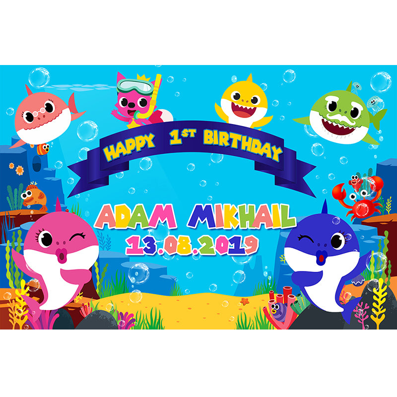 BABY SHARK DOO DOO BLUE PERSONALISED BIRTHDAY PARTY BANNER BACKDROP DECORATION