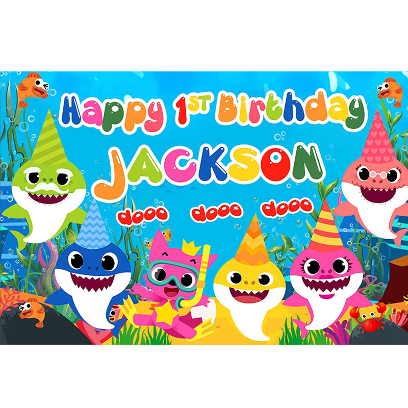 BABY SHARK BLUE BEACH PERSONALISED BIRTHDAY PARTY BANNER BACKDROP DECORATION