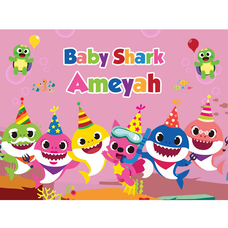 BABY SHARK PINK TURTLE PERSONALISED BIRTHDAY PARTY BANNER BACKDROP DECORATION