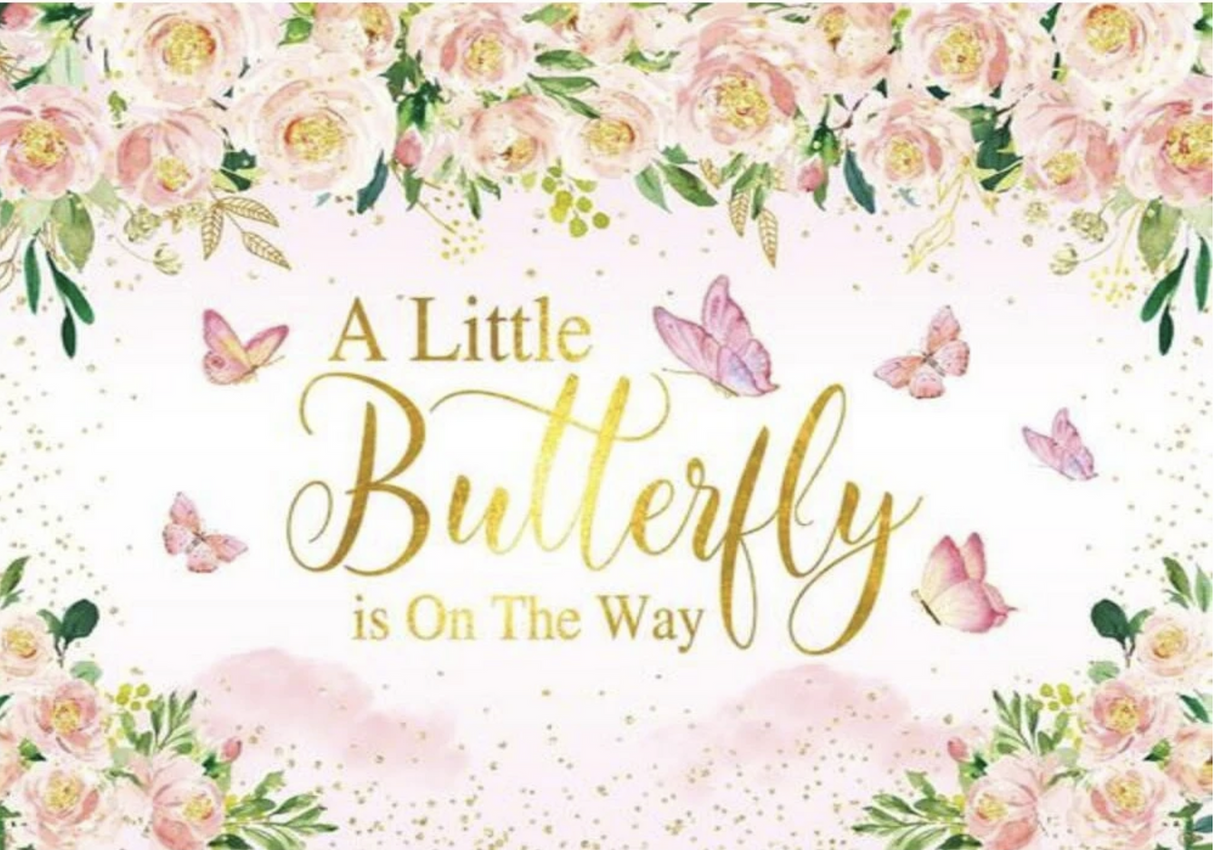 BABY SHOWER BUTTERFLIES ROSES FLOWERS GOLD CONFETTI PARTY BANNER BACKDROP