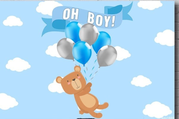 TEDDY BEAR BALLOONS PERSONALISED BABY SHOWER PARTY BANNER BACKDROP DECORATION