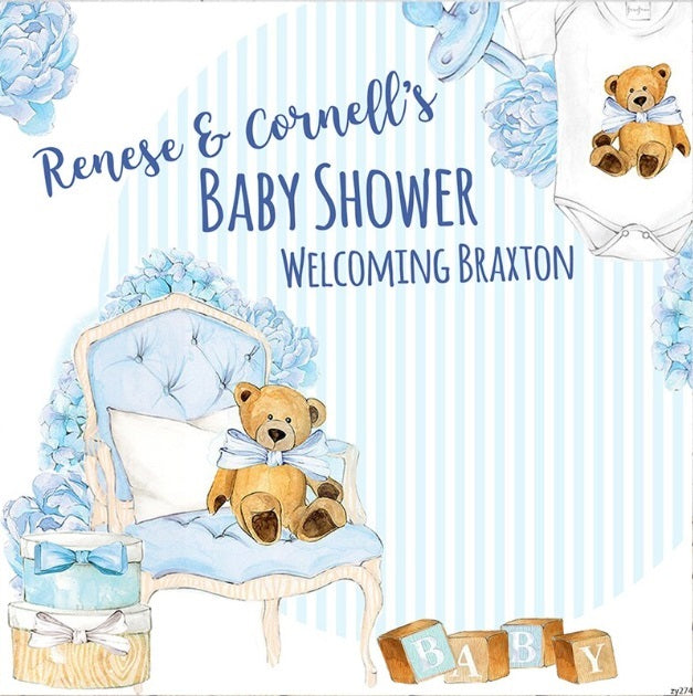 TEDDY BEAR BLUE WHITE PERSONALISED BABY SHOWER PARTY BANNER BACKDROP DECORATION
