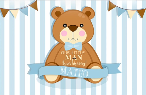 TEDDY BEAR BLUE STRIPE PERSONALISED BABY SHOWER PARTY BANNER BACKDROP DECORATION