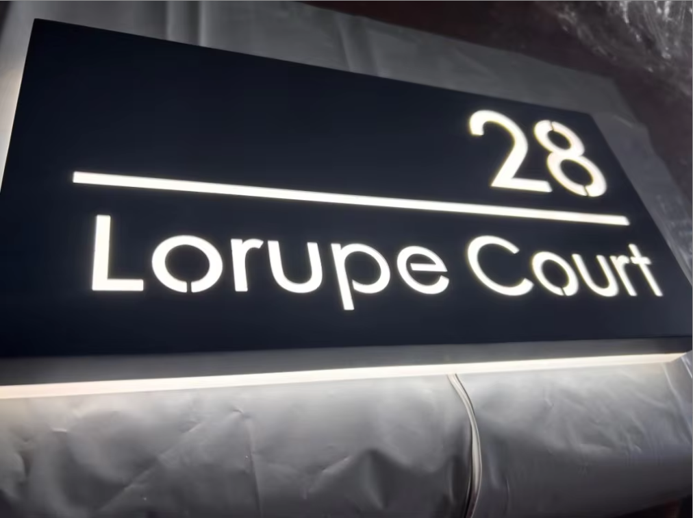Custom LED House Number Sign | Black Stainless Steel Backlit Plaque