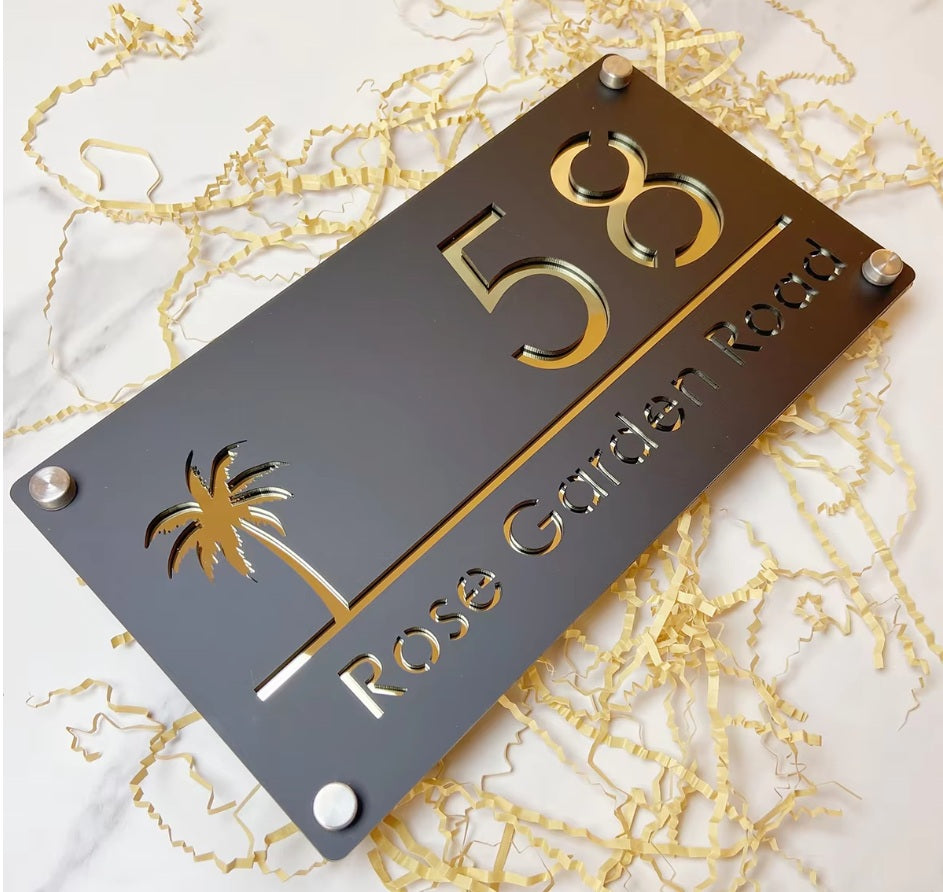 CUSTOM HOUSE SIGN NUMBER STREET SIGN PALM TREE ACRYLIC ADDRESS DOOR WALL PLAQUE