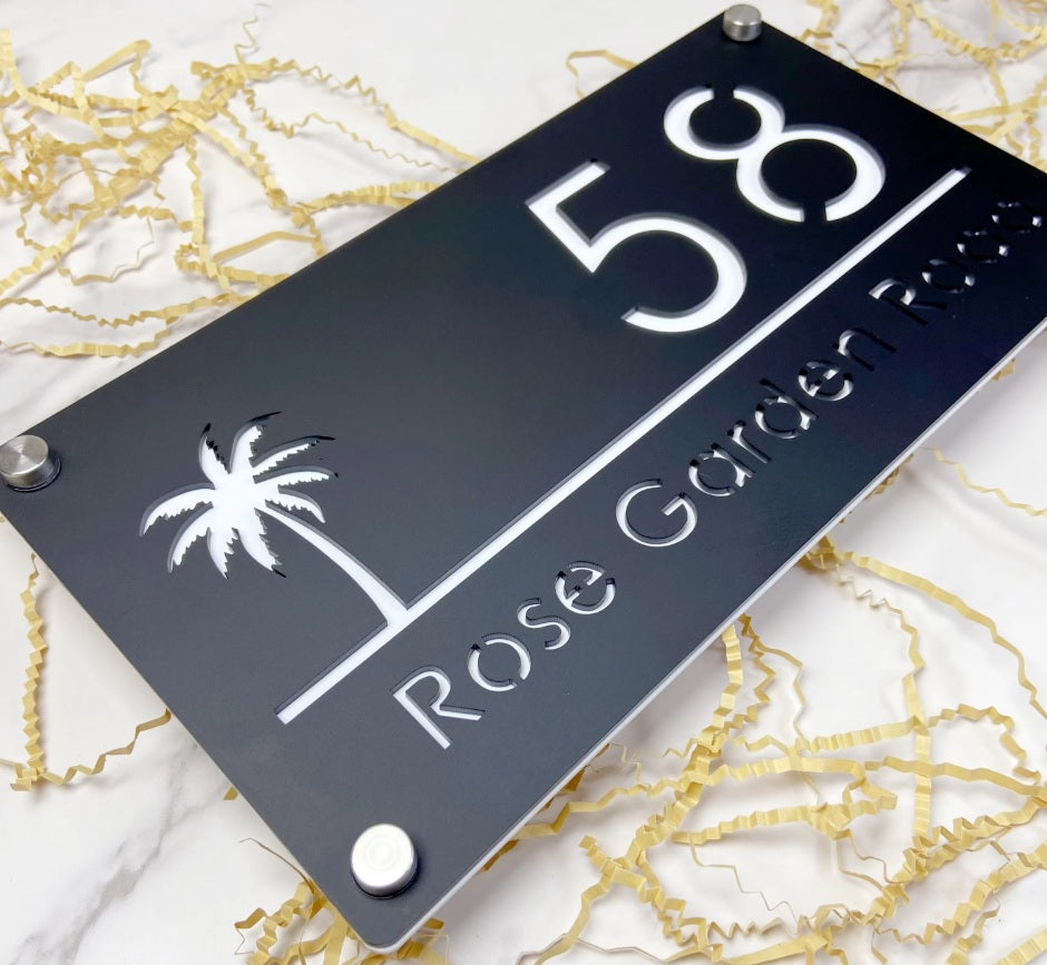 CUSTOM HOUSE SIGN NUMBER STREET SIGN PALM TREE ACRYLIC ADDRESS DOOR WALL PLAQUE