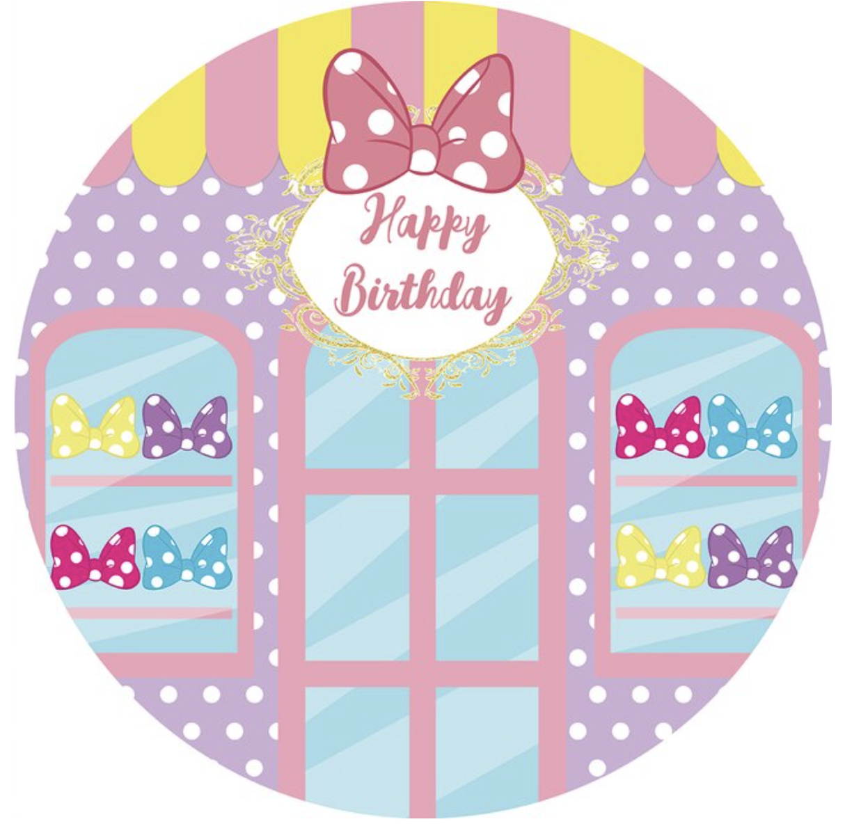 BOWS SHOPPING POLKADOTS PURPLE YELLOW PARTY ROUND BIRTHDAY BANNER BACKDROP