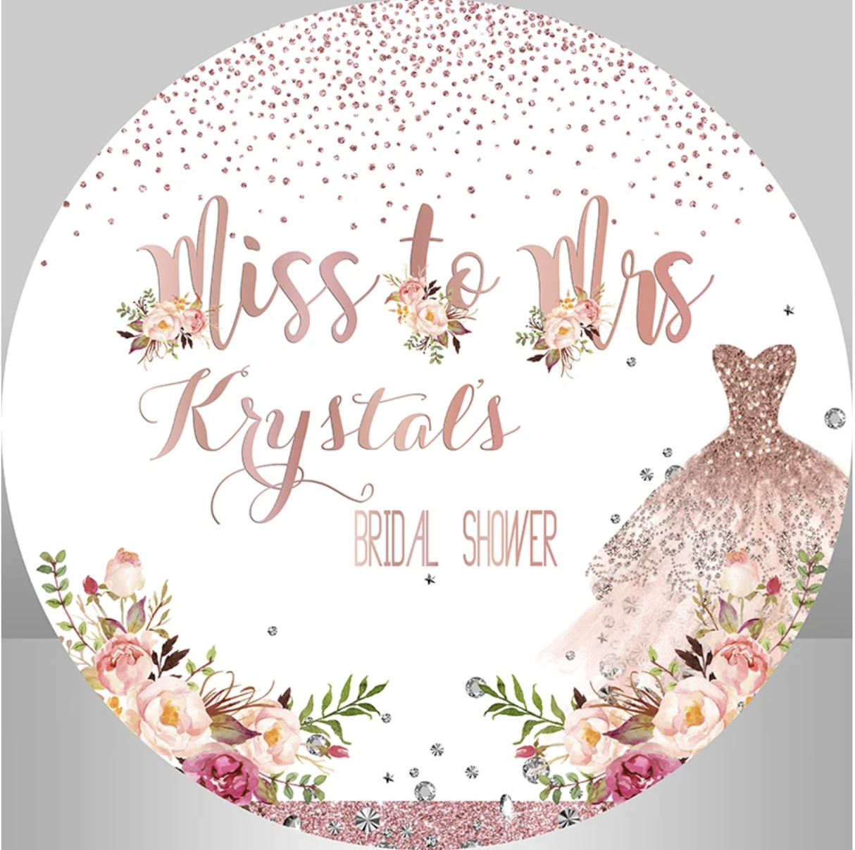 BRIDAL SHOWER WEDDING DRESS GLITTER ROSES FLOWERS PARTY ROUND BIRTHDAY BANNER
