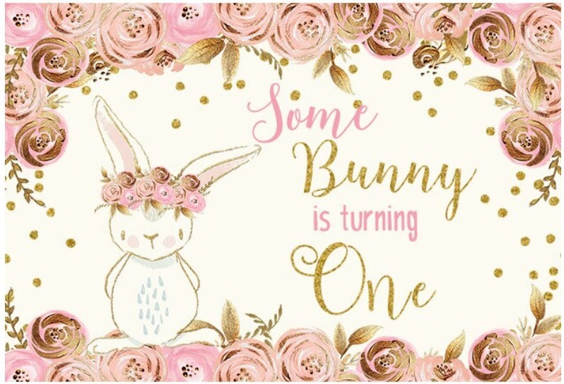 BUNNY RABBIT PINK GOLD PERSONALISED 1ST BIRTHDAY PARTY BANNER BACKDROP