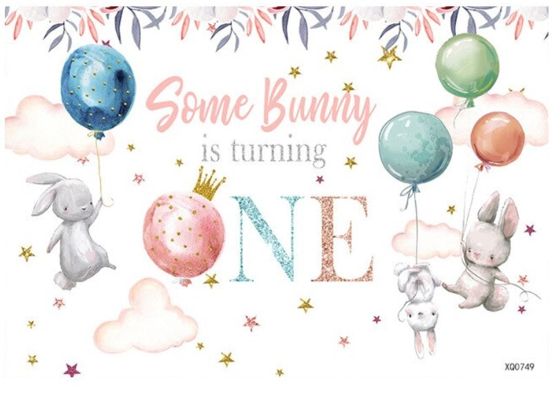 BUNNY RABBIT BALLOONS PERSONALISED BIRTHDAY PARTY BANNER BACKDROP DECORATION