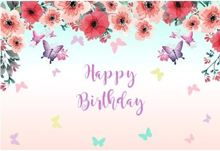 BUTTERFLIES FLOWERS RED PURPLE PERSONALISED BIRTHDAY PARTY BANNER BACKDROP