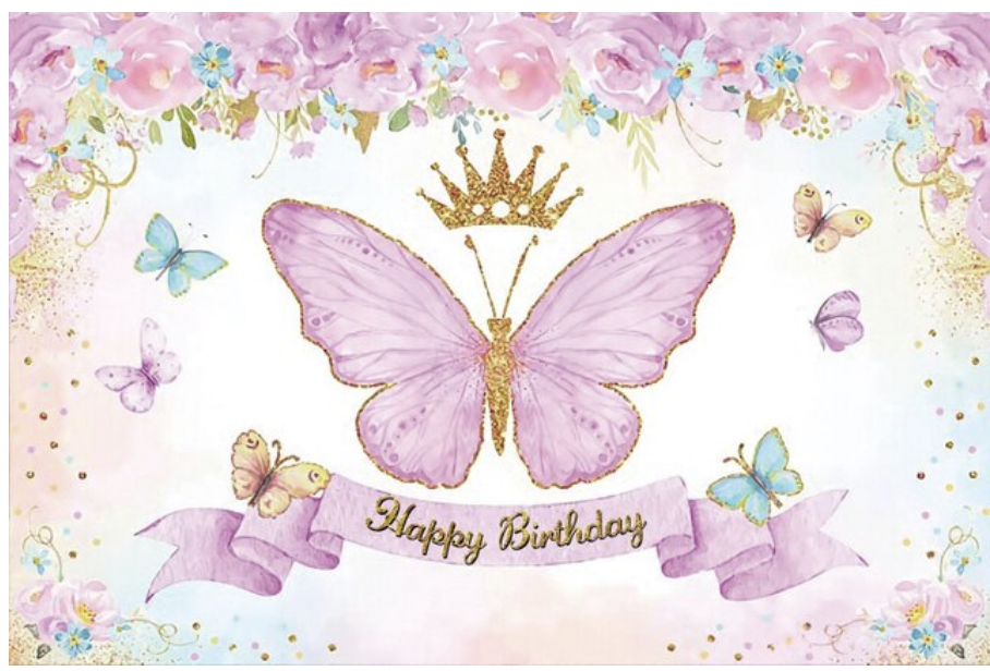 BUTTERFLY GOLD CROWN FLOWERS ROSES PERSONALISED BIRTHDAY PARTY BANNER BACKDROP