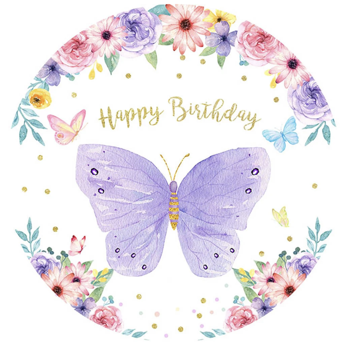 BUTTERFLY GLITTER FLOWERS PURPLE PINK BLUE PARTY ROUND BIRTHDAY BANNER BACKDROP