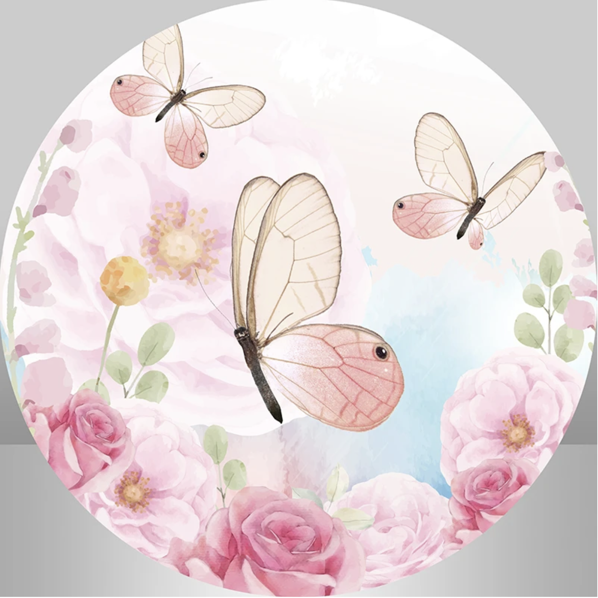 BUTTERFLY PINK FLOWERS ROSES PARTY ROUND BIRTHDAY PERSONALISED BANNER BACKDROP
