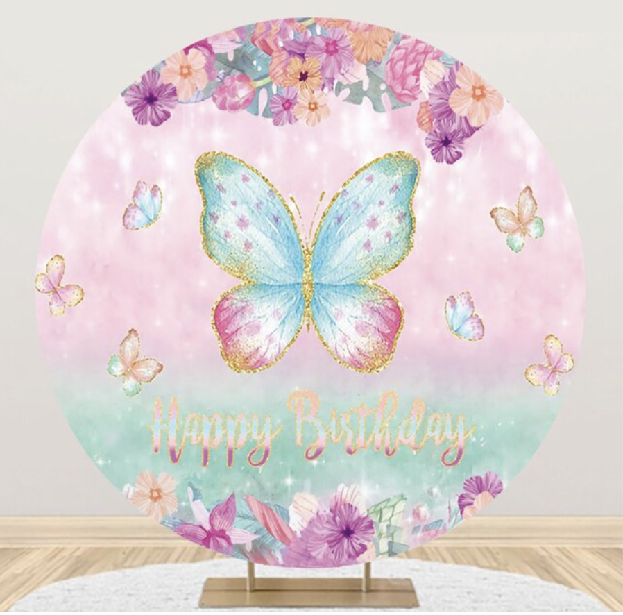 BUTTERFLY FLOWERS GLITTER STARS PINK BLUE GREEN PARTY ROUND BIRTHDAY BANNER BACKDROP