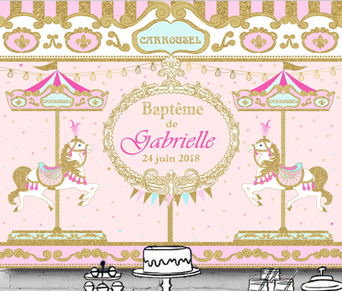 CAROUSEL HORSE MERRY GO ROUND PINK GOLD BIRTHDAY PARTY BANNER BACKDROP