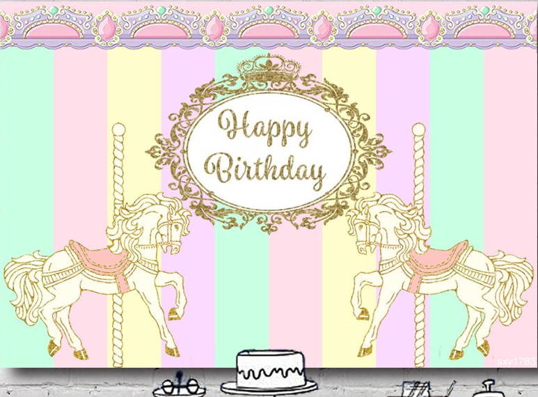 CAROUSEL HORSE MERRY GO ROUND PINK YELLOW GREEN BIRTHDAY PARTY BANNER BACKDROP